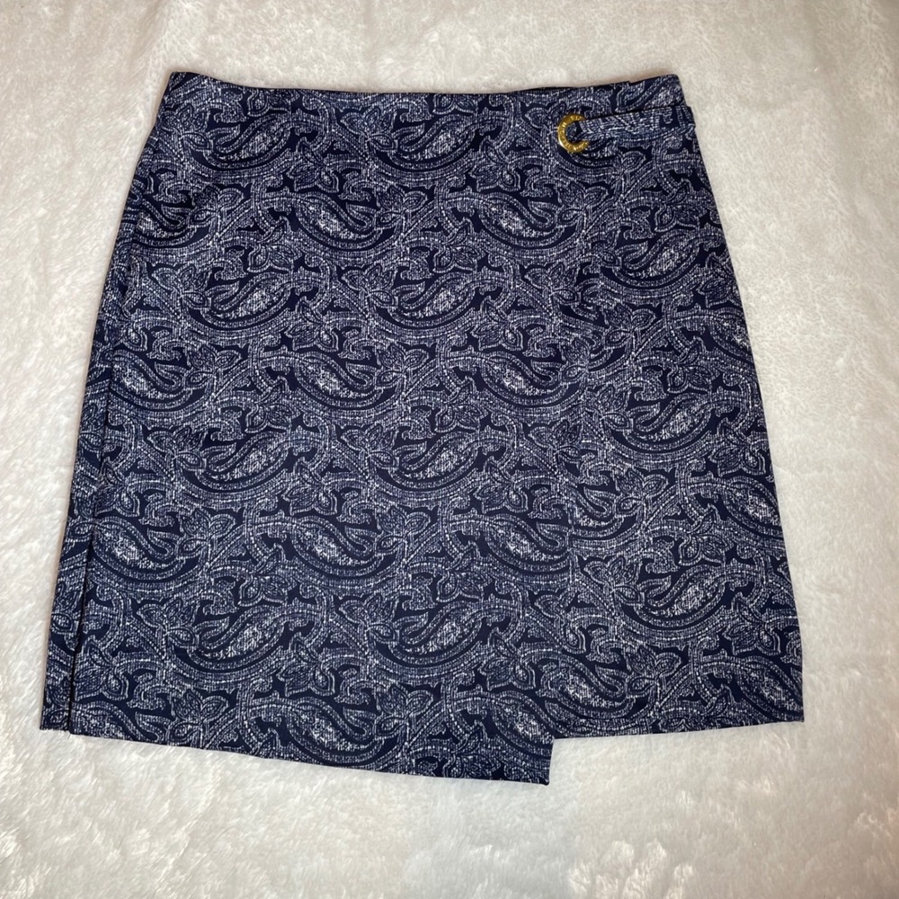 Michael Michael Kors Navy Paisley‎ Faux Wrap Skirt Gold Logo Grommet Size Medium